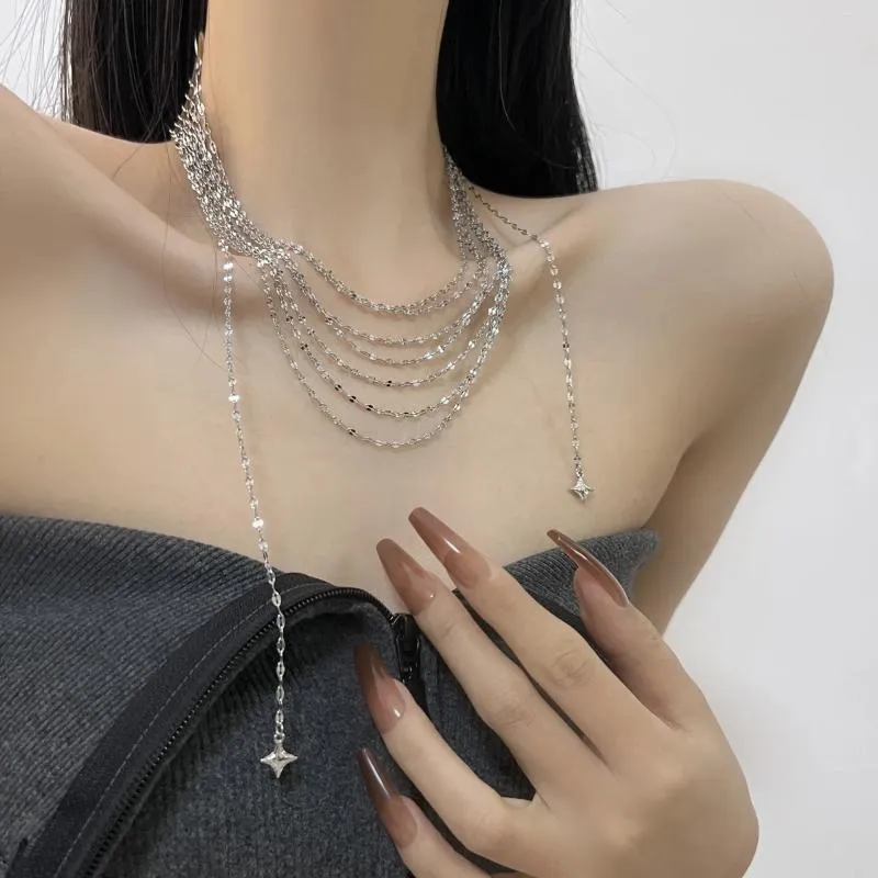 Chains Elegant Egirl Cross Star Necklace Sweet Shiny Multi Layer Tassel Choker For Women Wedding Party Fashion Jewelry Gifts