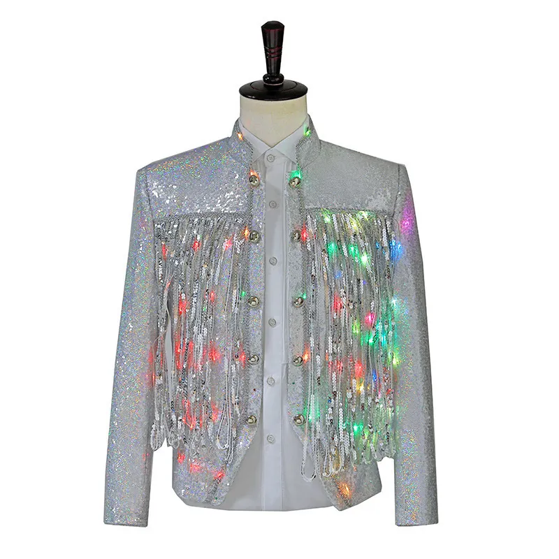 Men's Suits Blazers White LED Color Light Tassel Sequins Glitter Blazer Jacket Flower Embroidery Singer DJ Prom Stage Costume 230427
