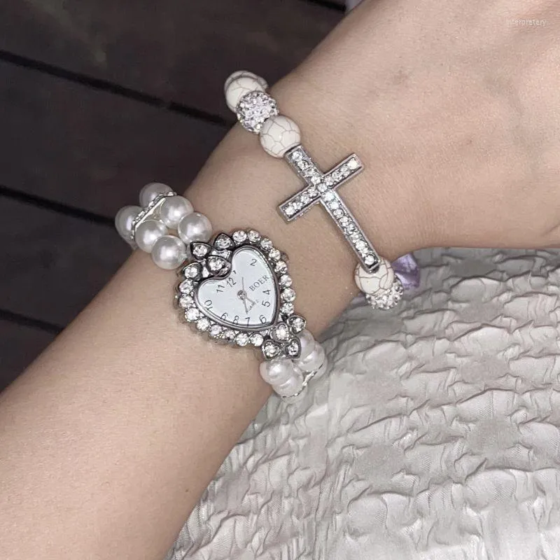 Bracelets à maillons Y2k Accessoires Croix Amour Strass Imitation Perle Montre Bracelet Pour Femmes Harajuku Charme Unique Esthétique Bijoux À La Mode