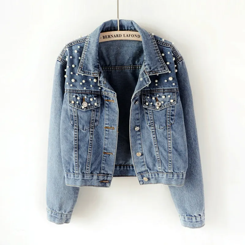 Women's Jackets Women's Jeans Jacket Beading Female Kpop Clothes Streetwear Elegant Casual Denim Coat Vintage Washed Bling High Street 230427