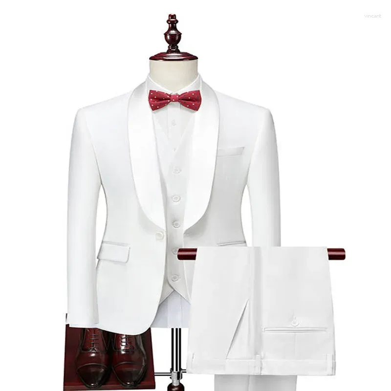 メンズスーツホワイトフルーツカラー（スーツベストズボン）ビジネスディナーウェディングフラワースーツスリムフィットパフォーマンススリーピースセット