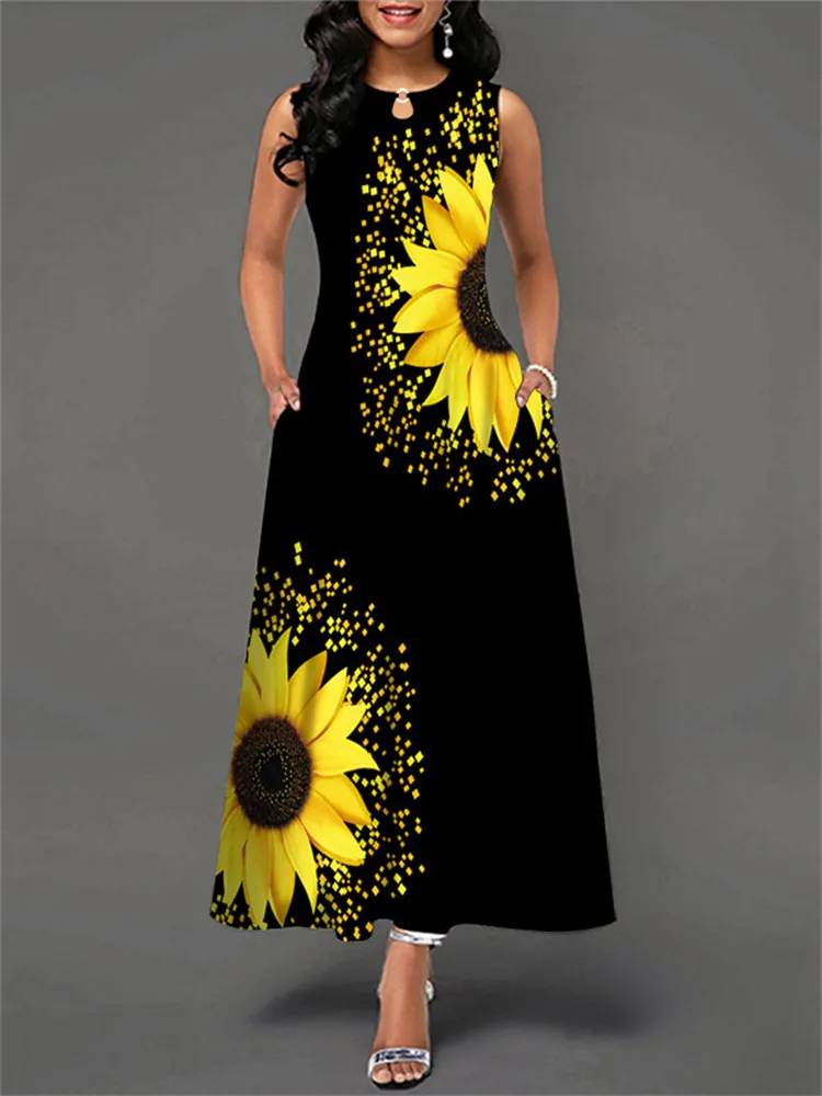Casual jurken Zomer vrouwen zonnebloem afdrukken Sundress mouwloze holle out o nek slanke mode grote zoom zwart long vestidos 230427