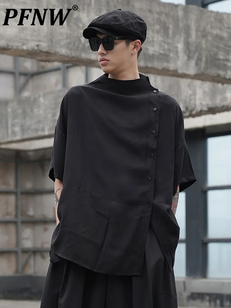 Mäns avslappnade skjortor Pfnw Japan Style Darkwear Yamamoto Yaosi Tops Loose Small Stand Collar Summer Nisch Solid Half Sleeve 12a3324 230426