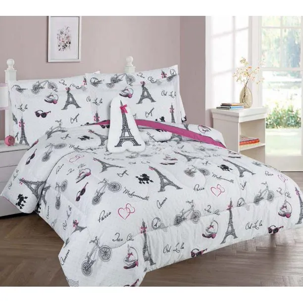 Full Size 8 Pieces Printed Comforter with sheet set Bed in Bag Multi colors White Black Pink Paris Design Girls Teens Full 8 Pc Paris