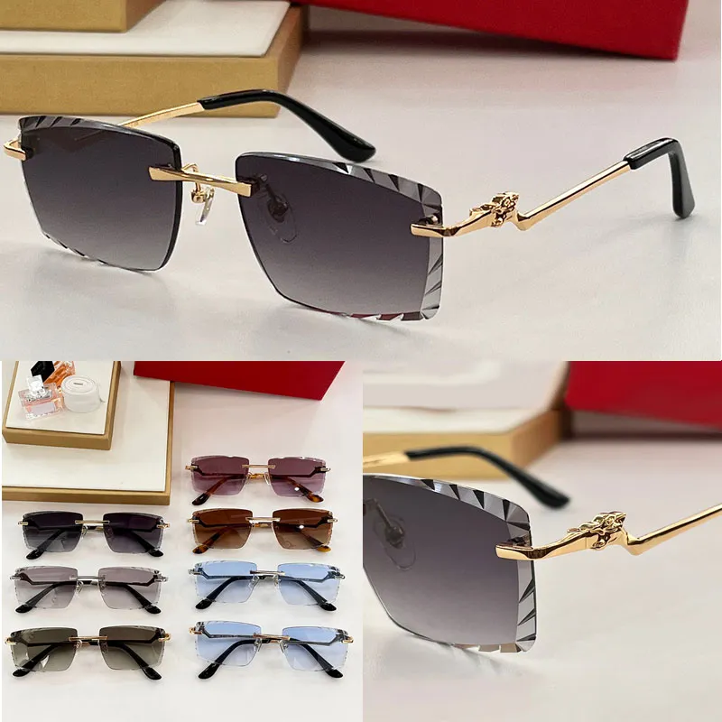 Designer de mode de luxe pour hommes et femmes Panther de Carti lunettes de soleil carrées lentilles dégradées sans cadre avec motif coupé Oculos de sol tête et jambes de léopard en métal CT012IO