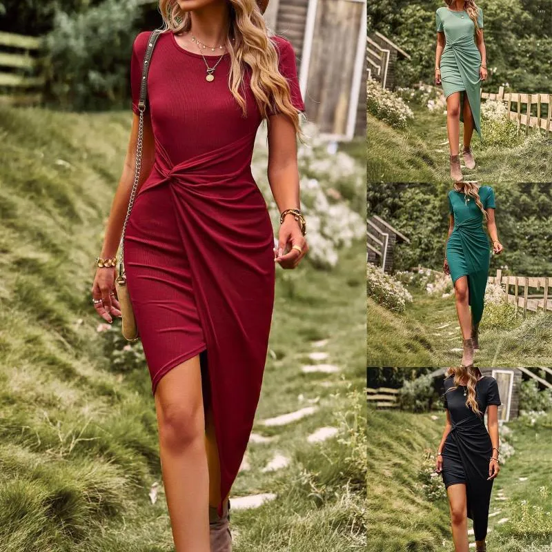 Casual jurken Sundress met zakken vrouwen korte mouw Crewneck Lady Elegante hoge taille slanke causale goedkope dameshuisjurk