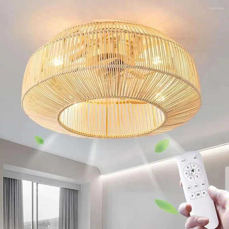 Chandeliers Caged Ceiling Fans With Lights And Remote Control 20 Inch Flush Mount Rattan Retro Fan Light