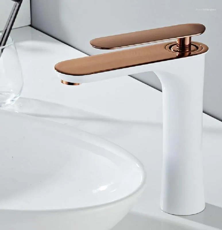 Rose GoldWhite Bathroom Basin Faucets Solid Brass Sink Mixer Cold Single Handle Deck Mounted Lavatory Taps Arrival13894828