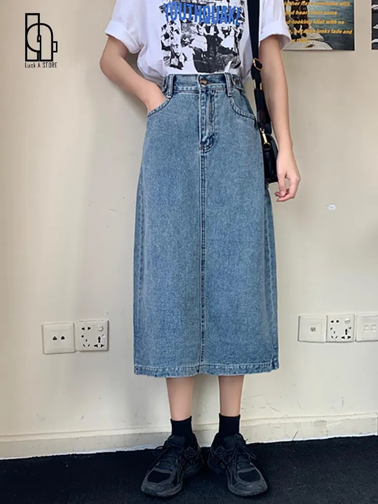 Kleider Luck A 2022 Mode Retro Lange Sommer Frühling Denim Röcke Mädchen Hohe Taille Knopf Taschen Split Jeans Gerade Maxi Denim Röcke