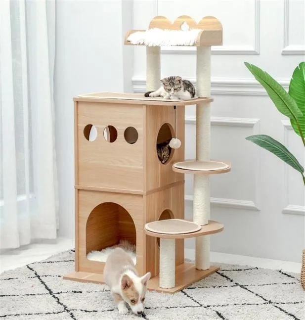 Arbre à chat avec centre d'activités pour chats, avec double condo, perchoir doux d'intérieur, poteau à gratter en sisal entièrement enveloppé, rascador gato 220624293004435