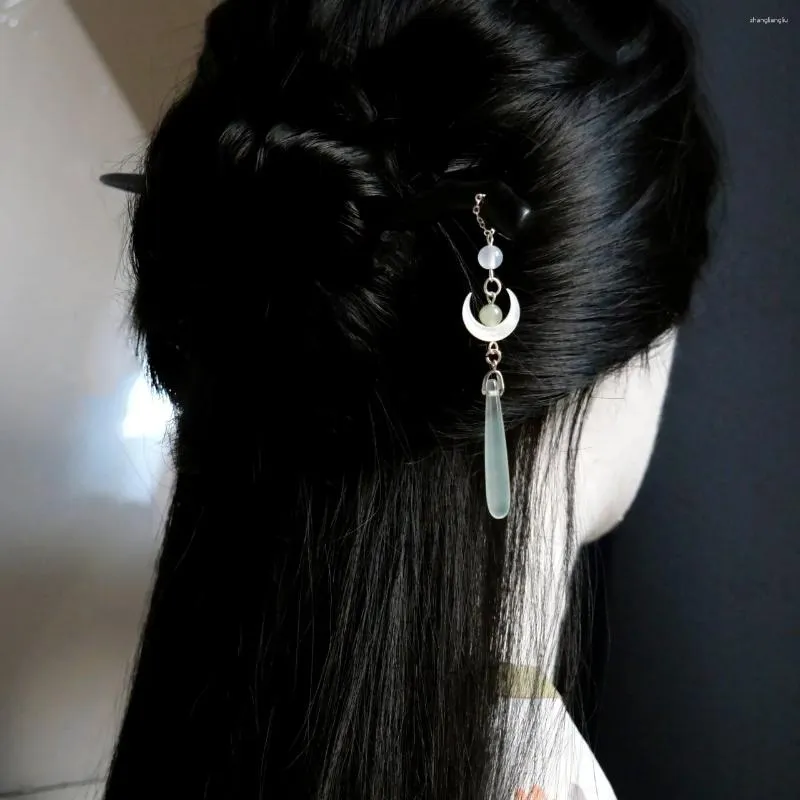 Pinces à cheveux bâton rétro pour femmes, mer montante, lune brillante, bois de santal noir chinois, amour entre fée et diable, pompon, bijoux Updo