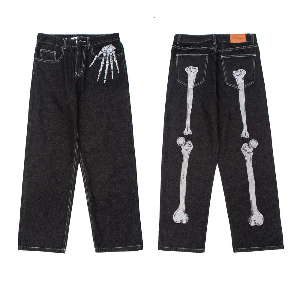 Retro Skull Hand Bone Embroidered Oversized Jeans Men Y2K Straight