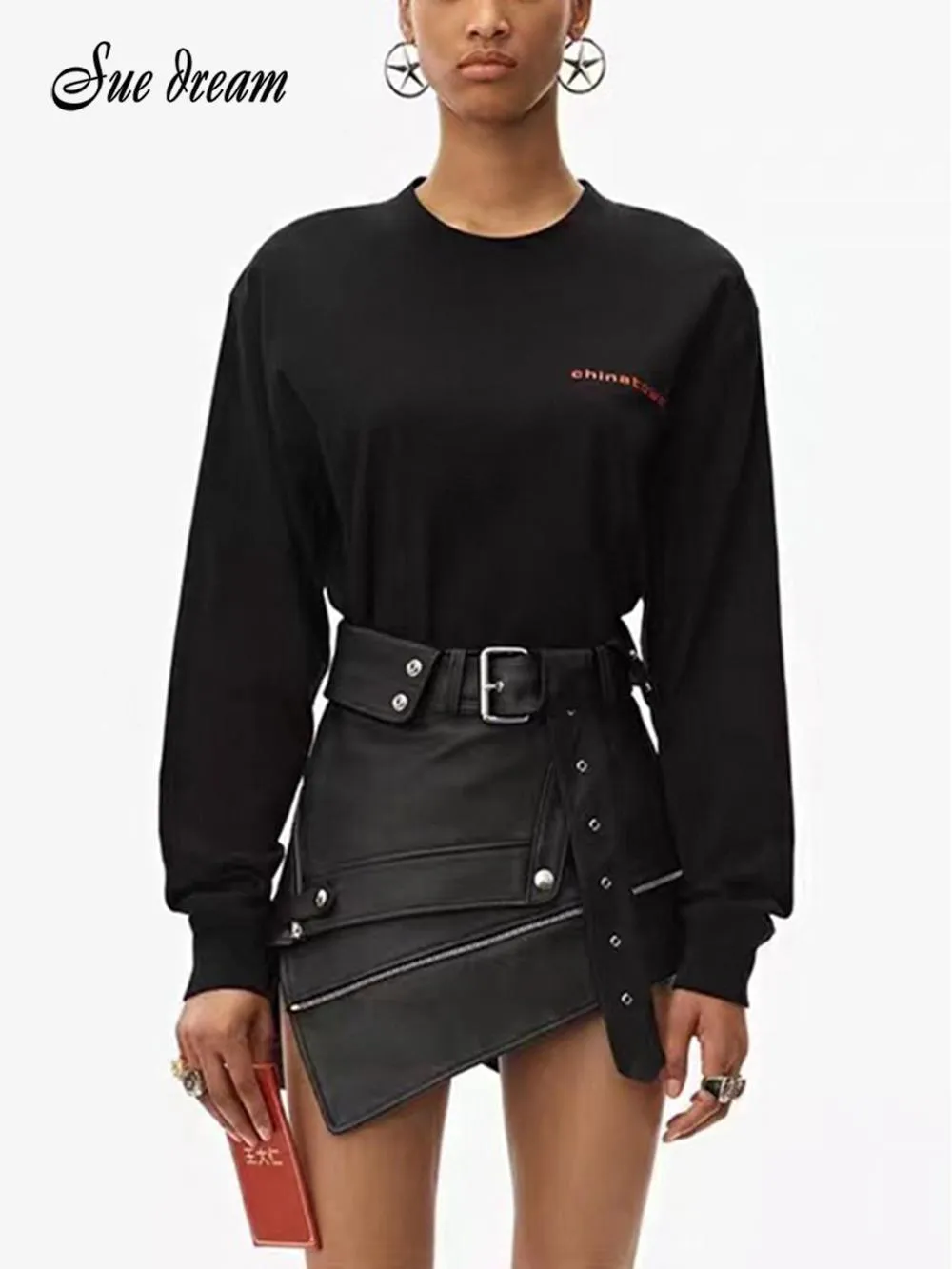 Jurken 2020 Fashion Nieuwe dames sexy asymmetrie pu lederen rokken rits punk rock gordel mini rok streetwear zwarte hoge taille rokken rokken