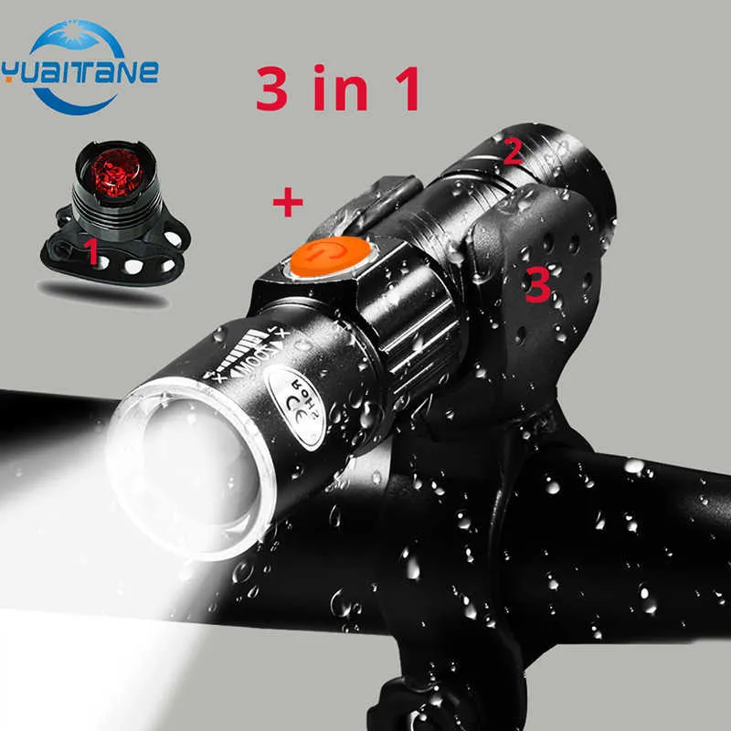 Lumières de vélo 3 en1 8000 Lumen Bicycle Light Set USB LED rechargeable étanche à zoom super vif Light arrière Light MTB Bike Light P230427