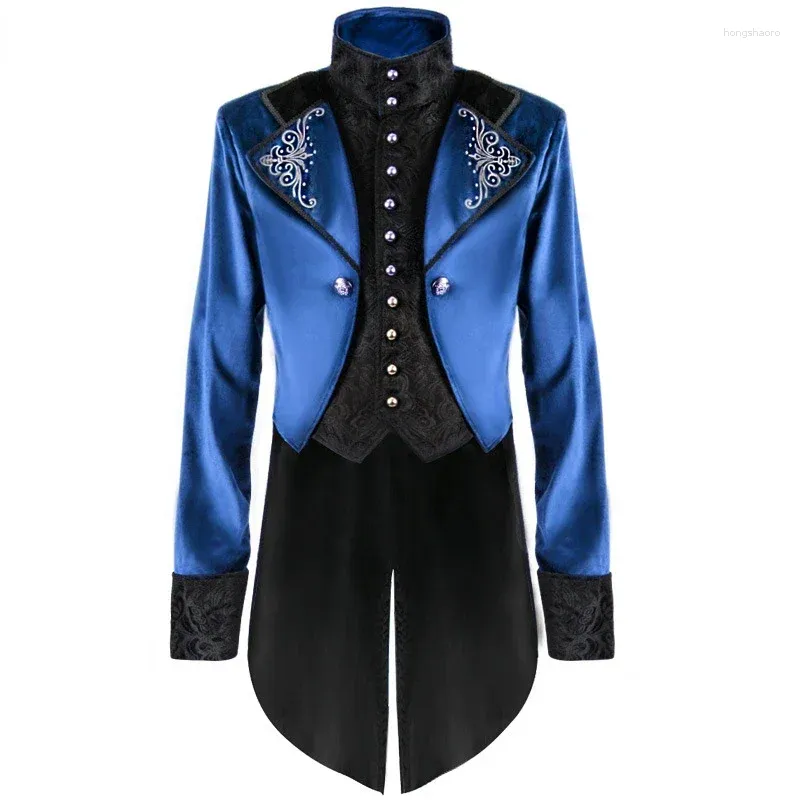 Herrdräkter Royal Blue Steampunk Gothic Tailcoat Jacket Män Viktoriansk medeltida renässans Halloween Uniform Stage Cosplay Pirate Outfit