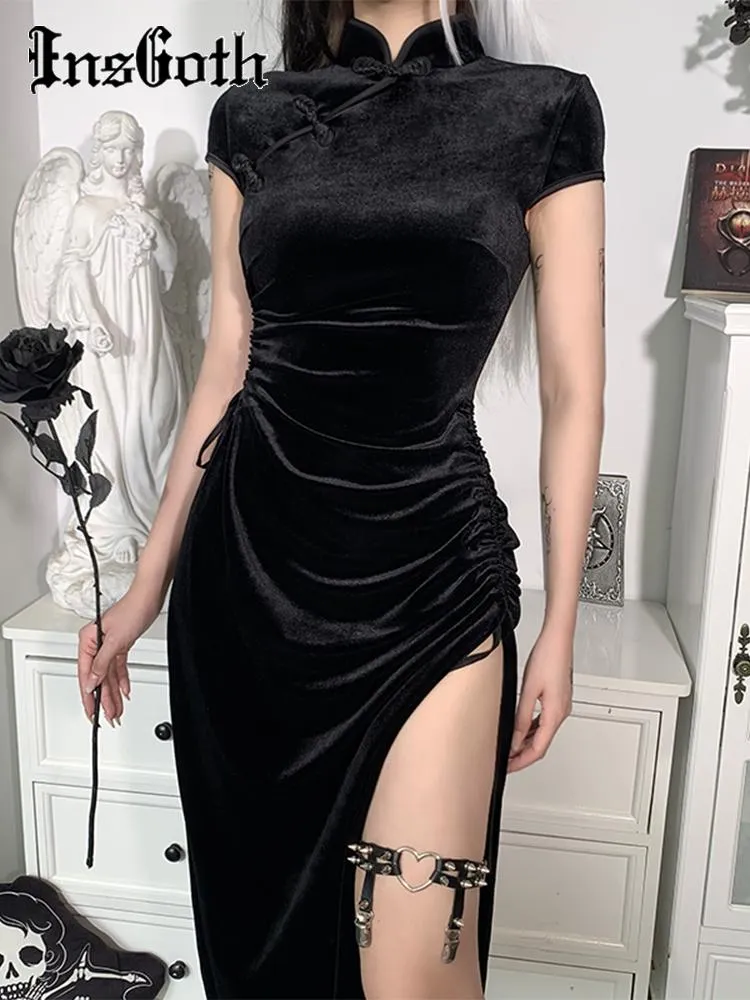 Klänning Insgoth Vintage Velvet Black Midi Dress Goth Sexig Cut Out Ruched Party Dress Estetic High midje Split Dress Elegant Cheongsam