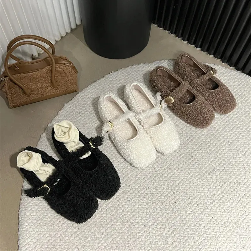 Kleidschuhe Bailamos Mode Runde Zehe Lammwolle Ballerinas Frau Winter Warme Plüsch Loafers Damen Markendesign Teddyfell Mary Jane 231127