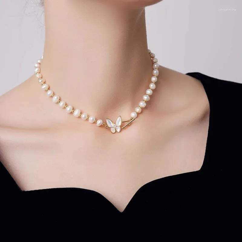 Ciondoli Collana con piccole perle dorate in argento sterling alla moda con perle d'acqua dolce naturali forti e leggere
