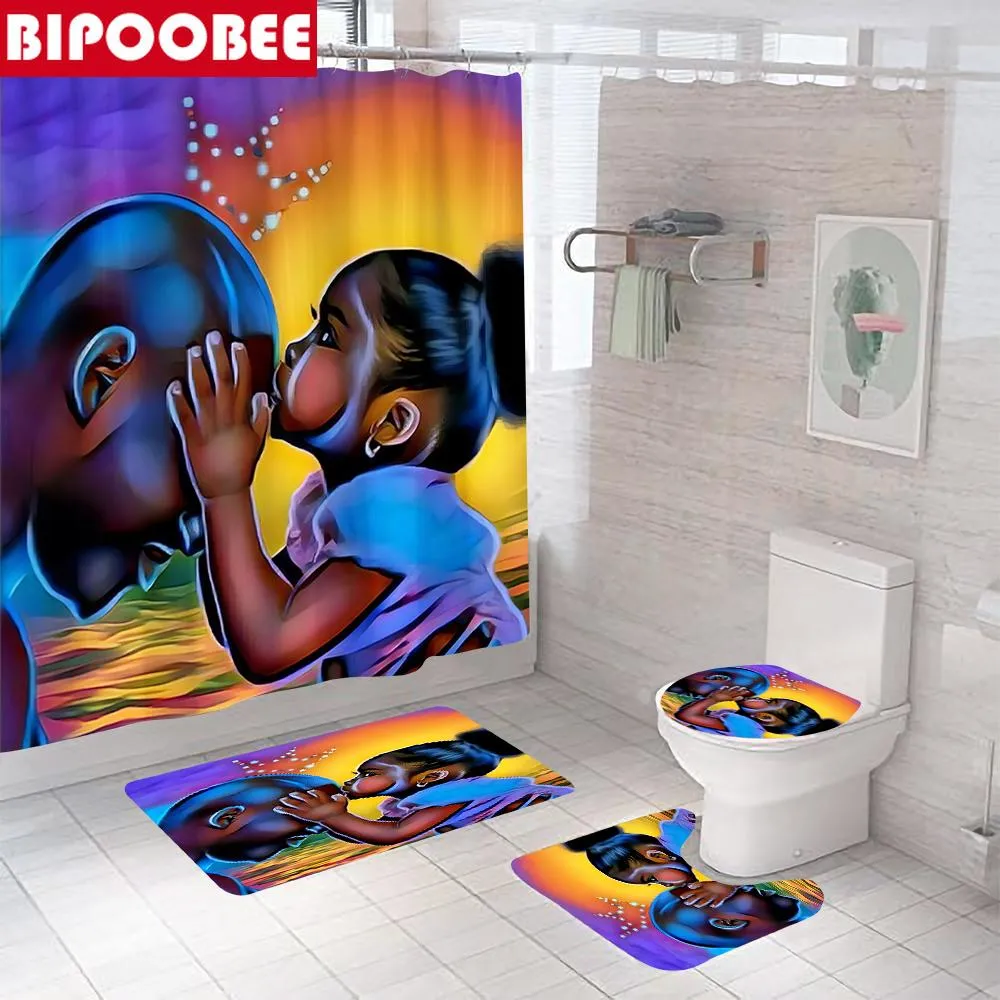 カーテンアフリカンシャワーカーテンブラックファーザー娘バスマットセット台座の敷物トイレのふたをカバーフック付きバスルームカーテン家の装飾