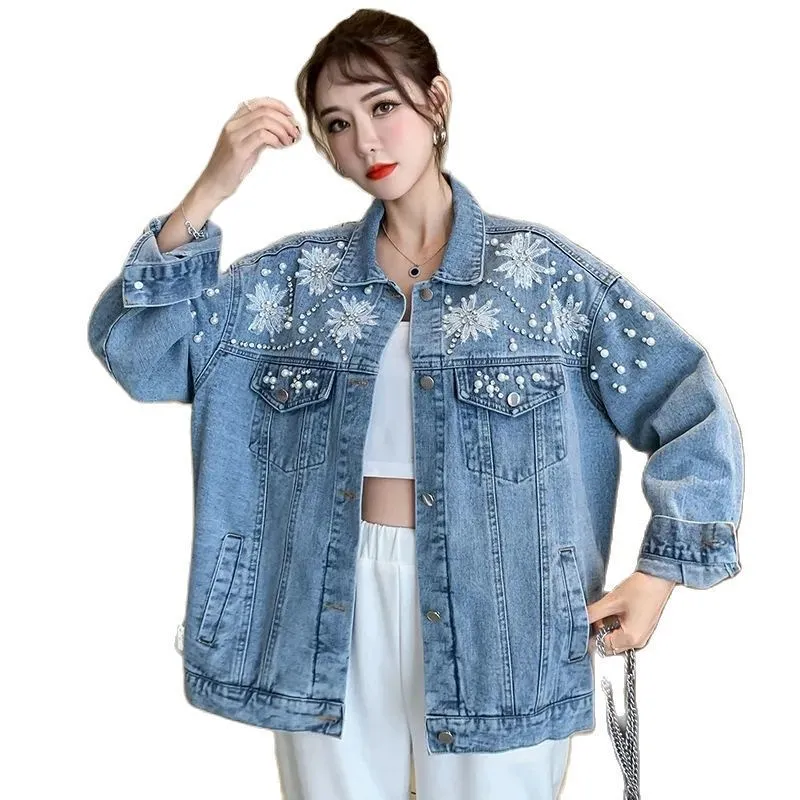 Women's Jackets Spring Autumn Female Fashion Jeans Jacket Korean Rhinestones Embroideried 3D Flowers Hole Cowboy Outerwear Loose Lady Coat 230427