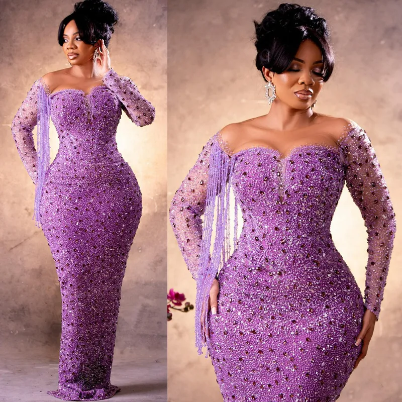 Violet grande taille sirène Aso Ebi robes de bal paillettes robe de soirée formelle deuxième réception robes d'anniversaire robes de fiançailles africaines arabes perlées AM057