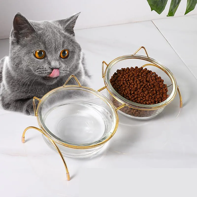 Feeding New Glass Dog Cat Bowl Puppy Food Bowl with Iron Frame Water Feeder Bowl Food Bowl Pet Supplies Drop Shipping