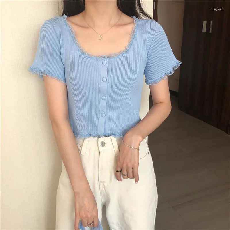 Damen T-Shirts 2023 O Hals Rüschen Kurzarm Shirt Damen Sommer Casual Button Crop Top Basic Blau Rosa Tops