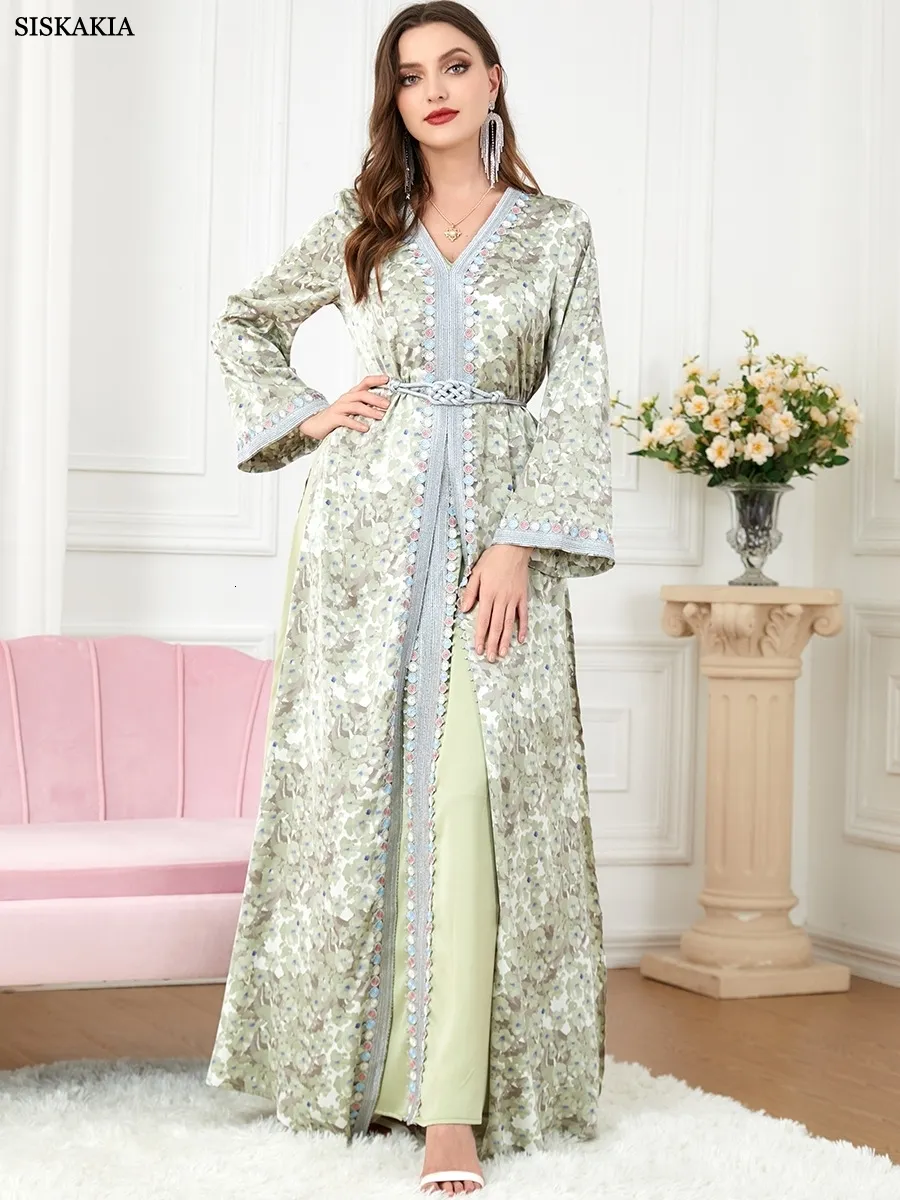 Ubrania etniczne Abayas dla kobiet Zestawy muzułmańskie Kwiat haftowy Koronki panel Kaftan Kaftan Hem Dwie kawałki sukienka Dubai Turcja Arabska 230426