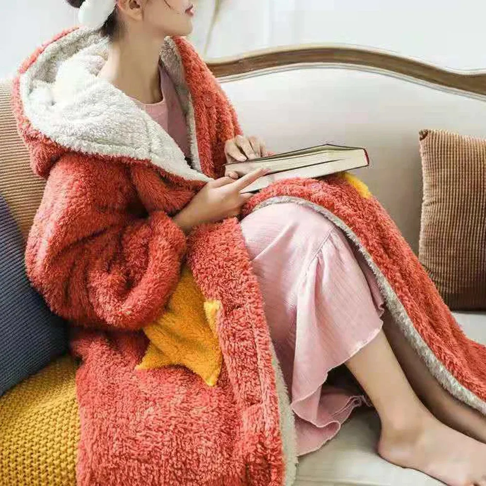 Robe feminino pijama de lã feminino robe inverno sleepwear camisola vestidos de noite roupas para casa grosso coral veludo vestido longo com capuz plus size 231127