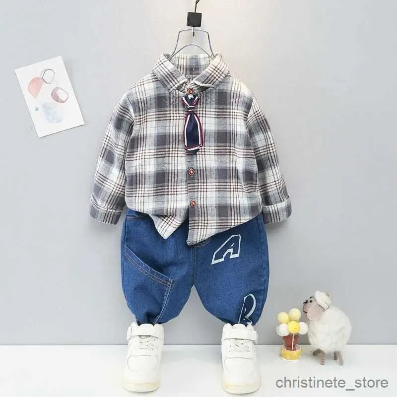 Set di abbigliamento Completo per bambini ragazzi nuova cravatta camicia a quadri abbigliamento per bambini anni baby casual camicia a quadri scozzese in due pezzi jeans R231127