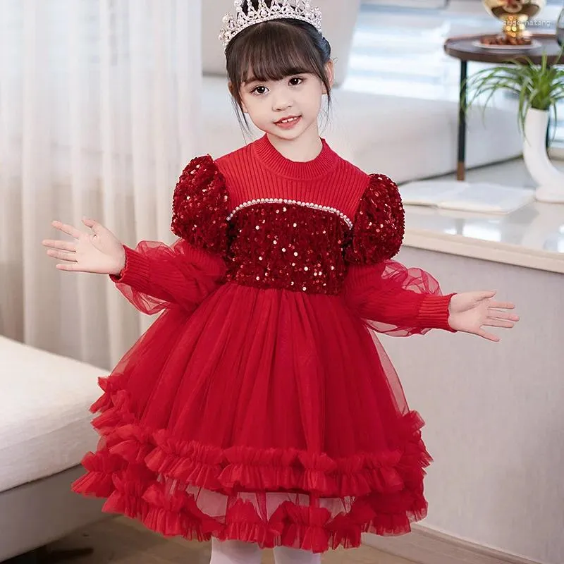 Robes d'automne/hiver pour filles, à paillettes, manches longues, tricotées, Costumes de princesse pour enfants, vêtements pour bébés