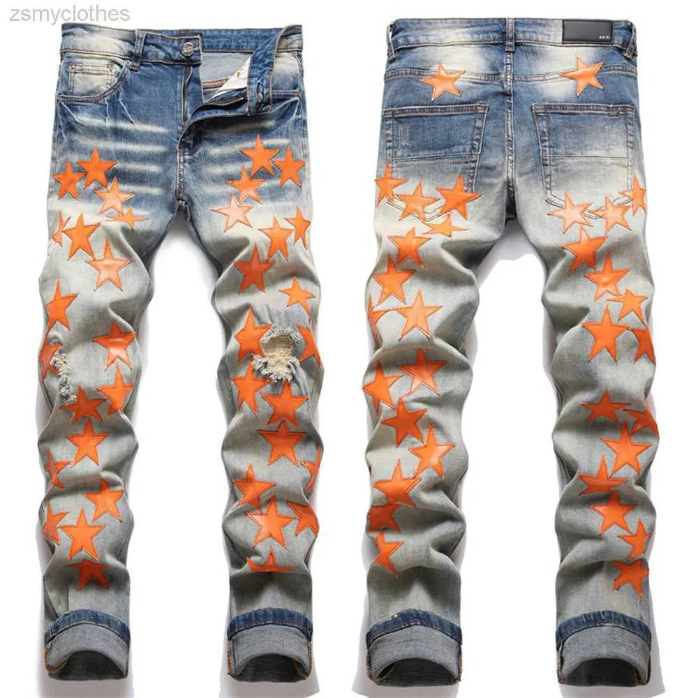 Jeans masculino de alta qualidade jeans masculino com letra estrela jeans masculino bordado com retalhos jeans rasgado marca tendência calça de motocicleta masculina jeans skinny