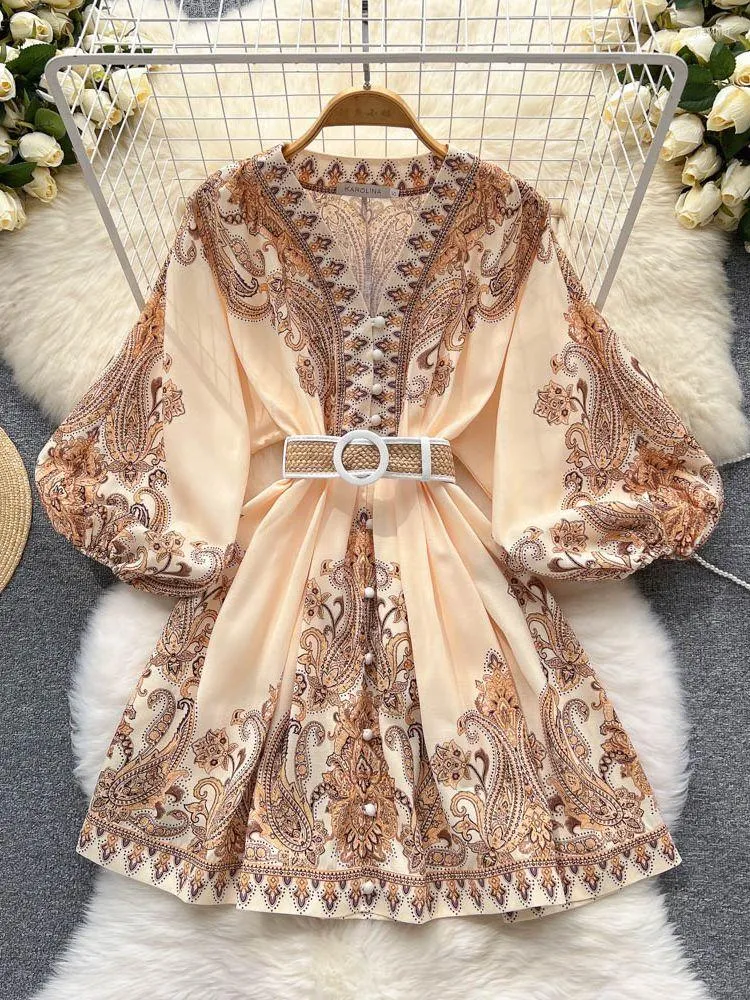 Casual Dresses Aelewell Women Spring 2023 Runway Fashion Paisley Print Vintage Dress V Neck Long Lantern Sleeve Belted Mini