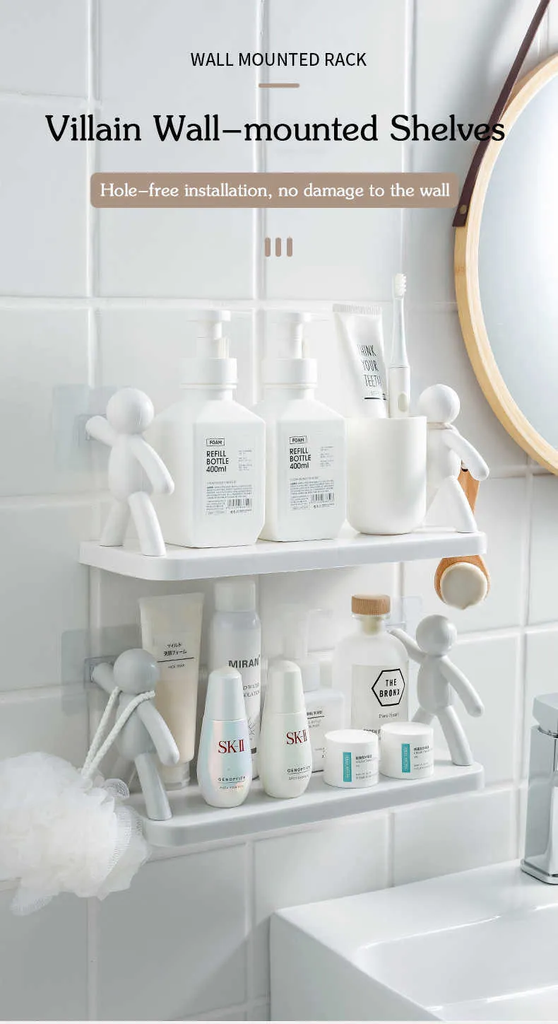 Mikikit Punch-Free Wall Mounted Bathroom Storage Shelf – White Adhesive Hanging Organizer Rack For Toiletries, Razors, Shampoo & More
