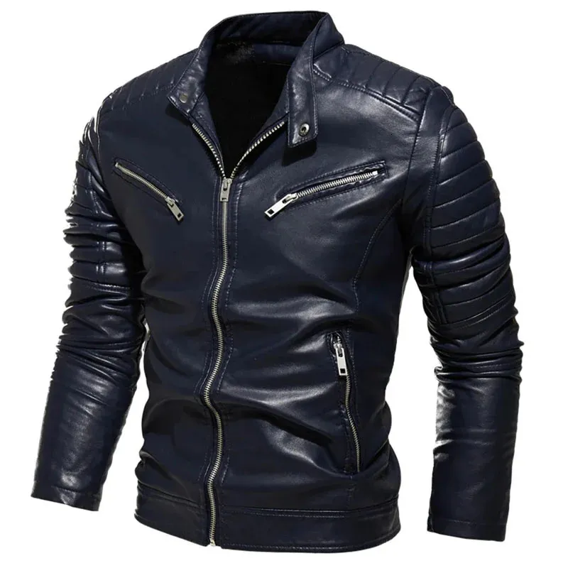 Mens Jackets Winter Black PU Leather Jacket Men Fleece Warm Motorcycle Slim Street Fashion BLack Biker Coat Pleated Design Zipper 231127