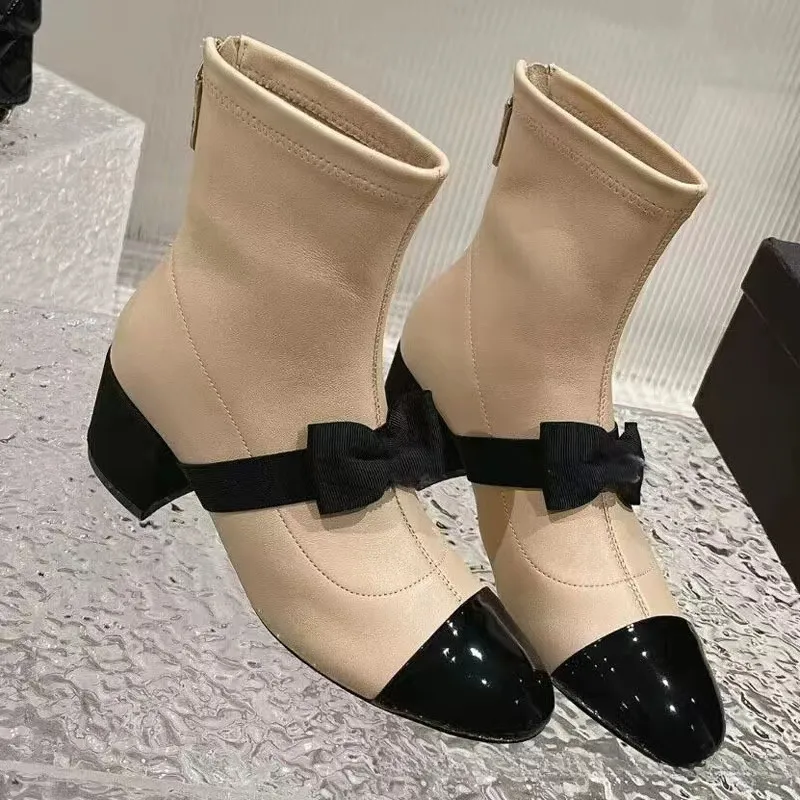 Autumn and Winter Bowknot Ankle Boots for Women`s Chunky Heel Short Boots