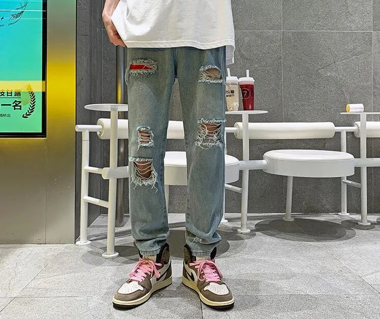 High Street Ripped Jeans Male Tide Brand Hip-hop Wide-legPants Summer Thin Section Straight Loose Casual men