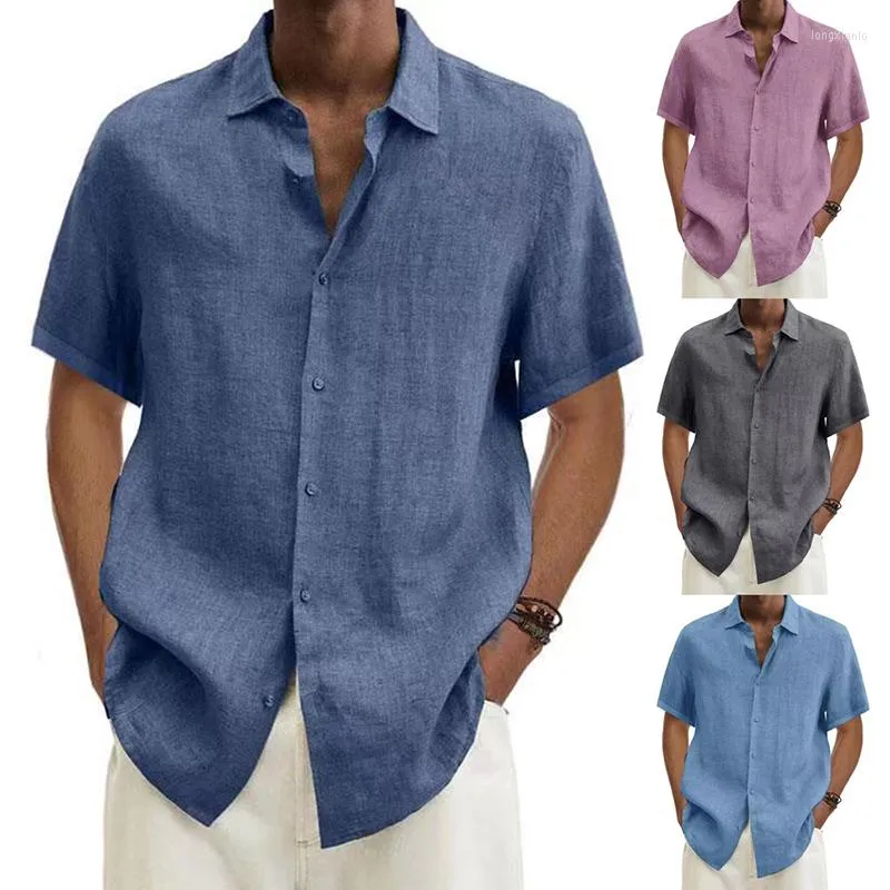 Chemises décontractées pour hommes Été Hommes Coton Lin Chemise à manches courtes Revers Solide Couleur Tops Mâle Bouton Lâche T Mode
