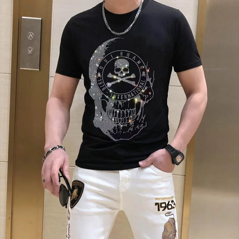 メンズTシャツハンサムスカルラインストーンストリートスタイルPok Hommeルーズティーピュアコットン高品質ブラックホワイトマントップ服M-4XL