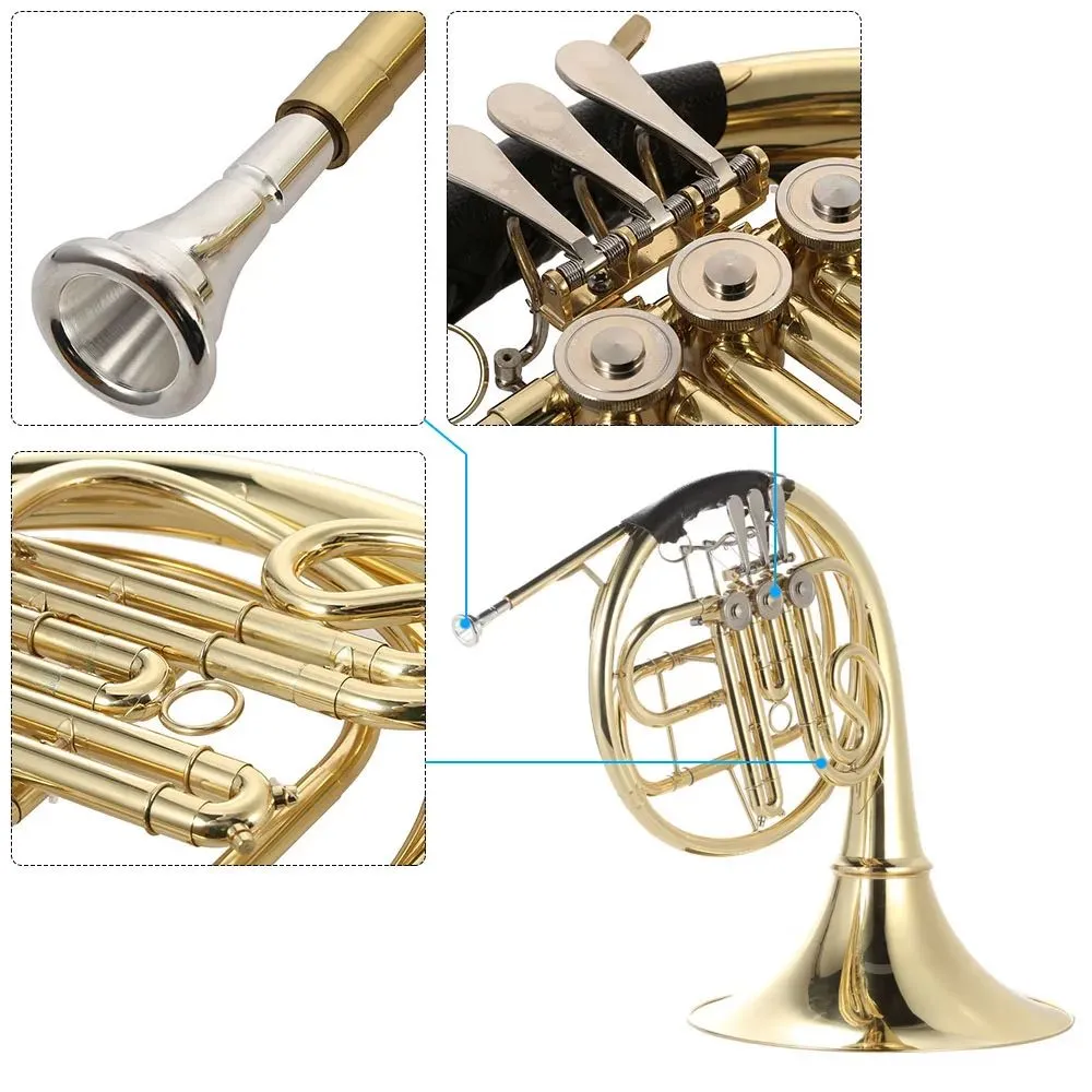 French Horn B/Bb Flat 3 Key Brass Gold Lacquer Single-Row Split Wind Instrument