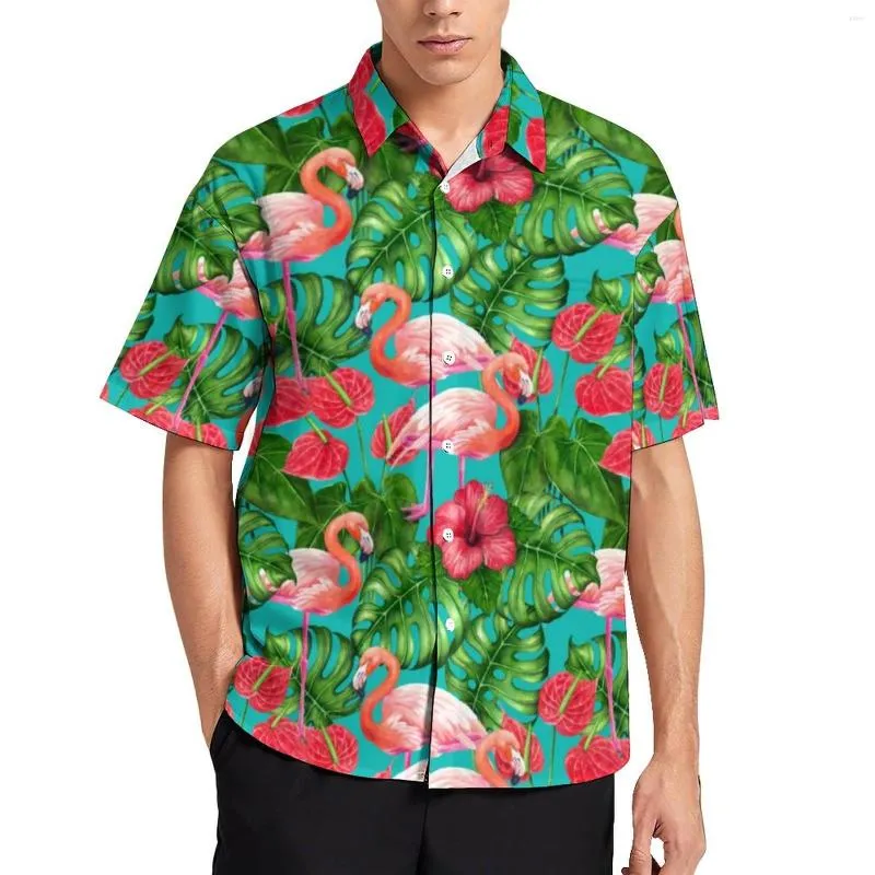 Men's Casual Shirts Flamingo Birds Beach Shirt Tropical Garden Hawaiian Male Fashion Blouses Short-Sleeve Graphic Tops Large Size