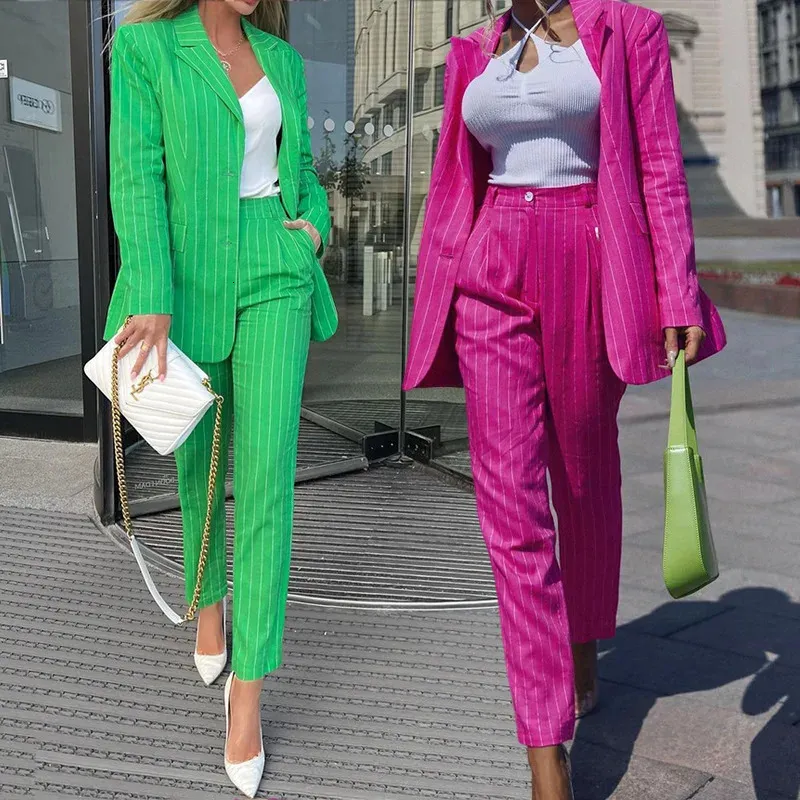 Women's Two Piece Pants Fuchsia Green Striped Suit BlazerPants 2 For Women Wear Business Pant Sets Chic Formal Meeting Conference Jacket 231127