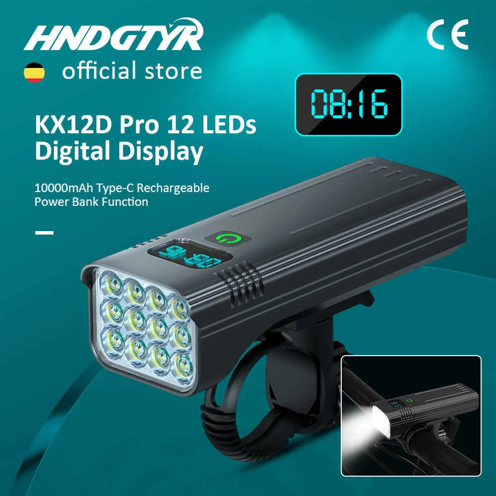 Lumières de vélo 12 LED lumière de vélo Max 5000LM indicateur numérique lampe de poche rechargeable USB pour phare de vélo 18650 batterie lampe de cycle VTT P230427