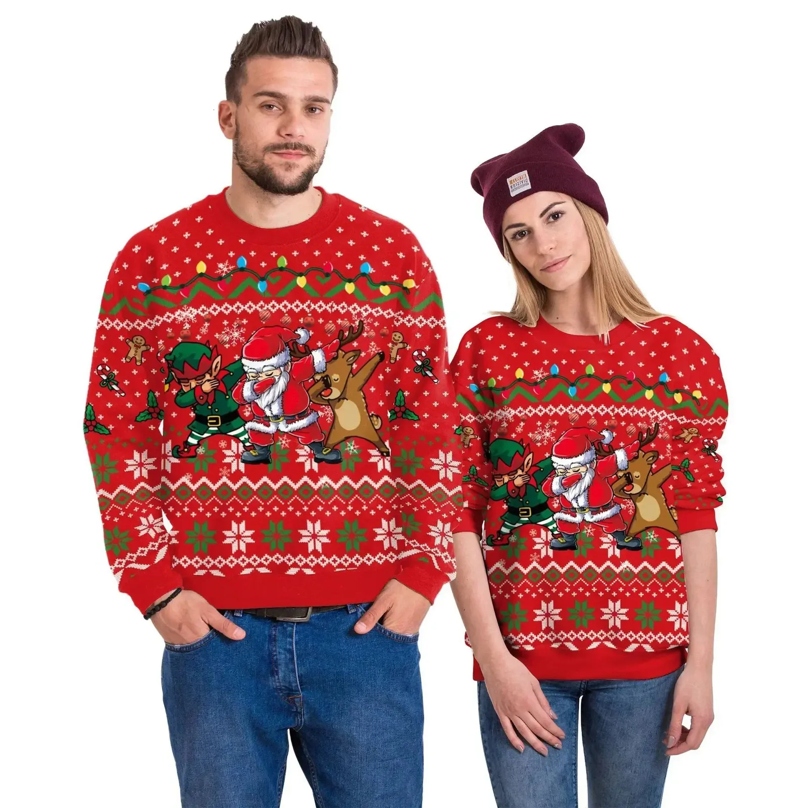 Suéteres de mujer Jerseys navideños Suéteres para hombres Reno navideño Impreso en 3D Suéter con cuello redondo Top Ropa para parejas Sudaderas para fiestas navideñas 231127