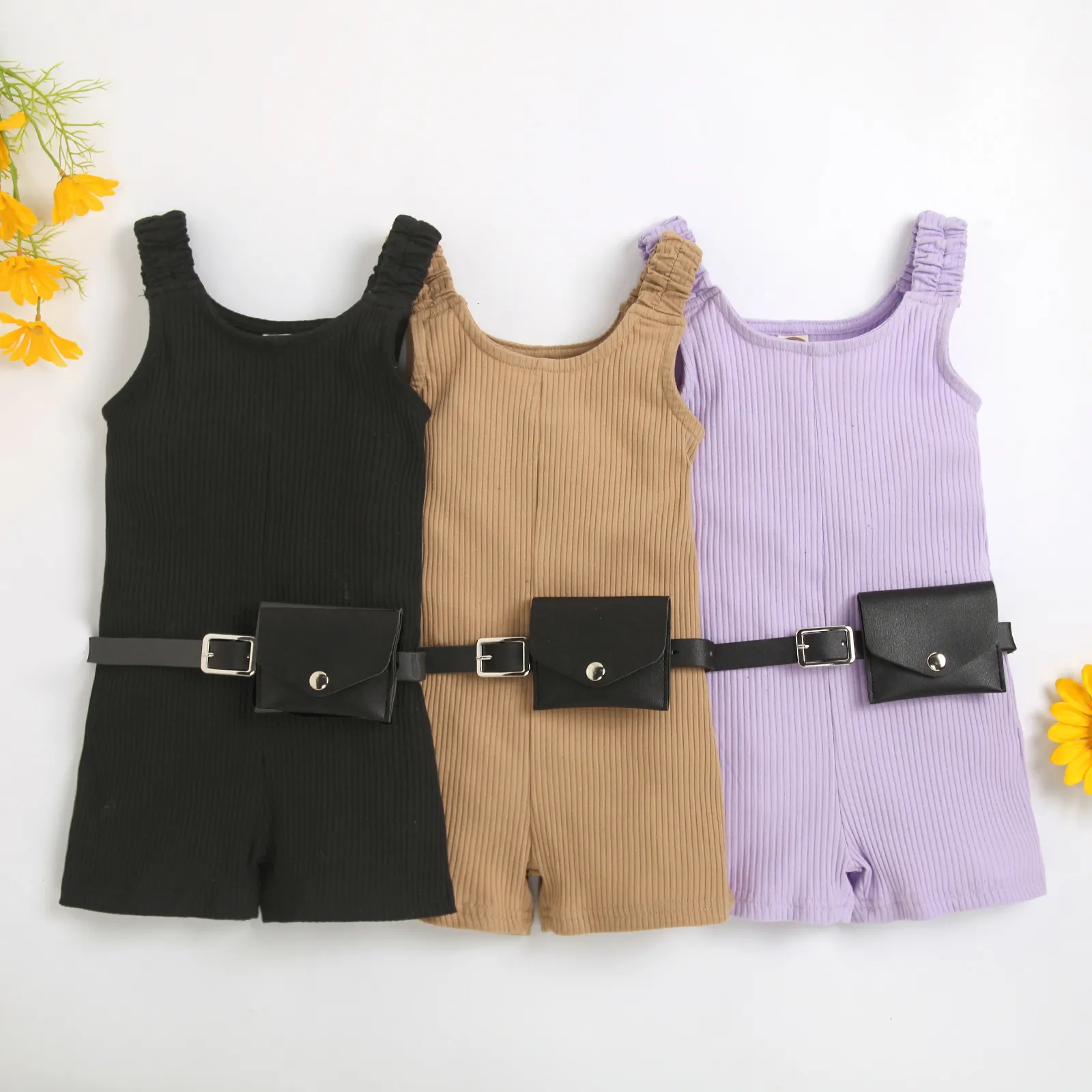 바지 setelan jumpsuit anak perempuan 2 6 tahun pakaian bermain pendek bergaris tanpa lengan tali lebar tas pinggang 230426