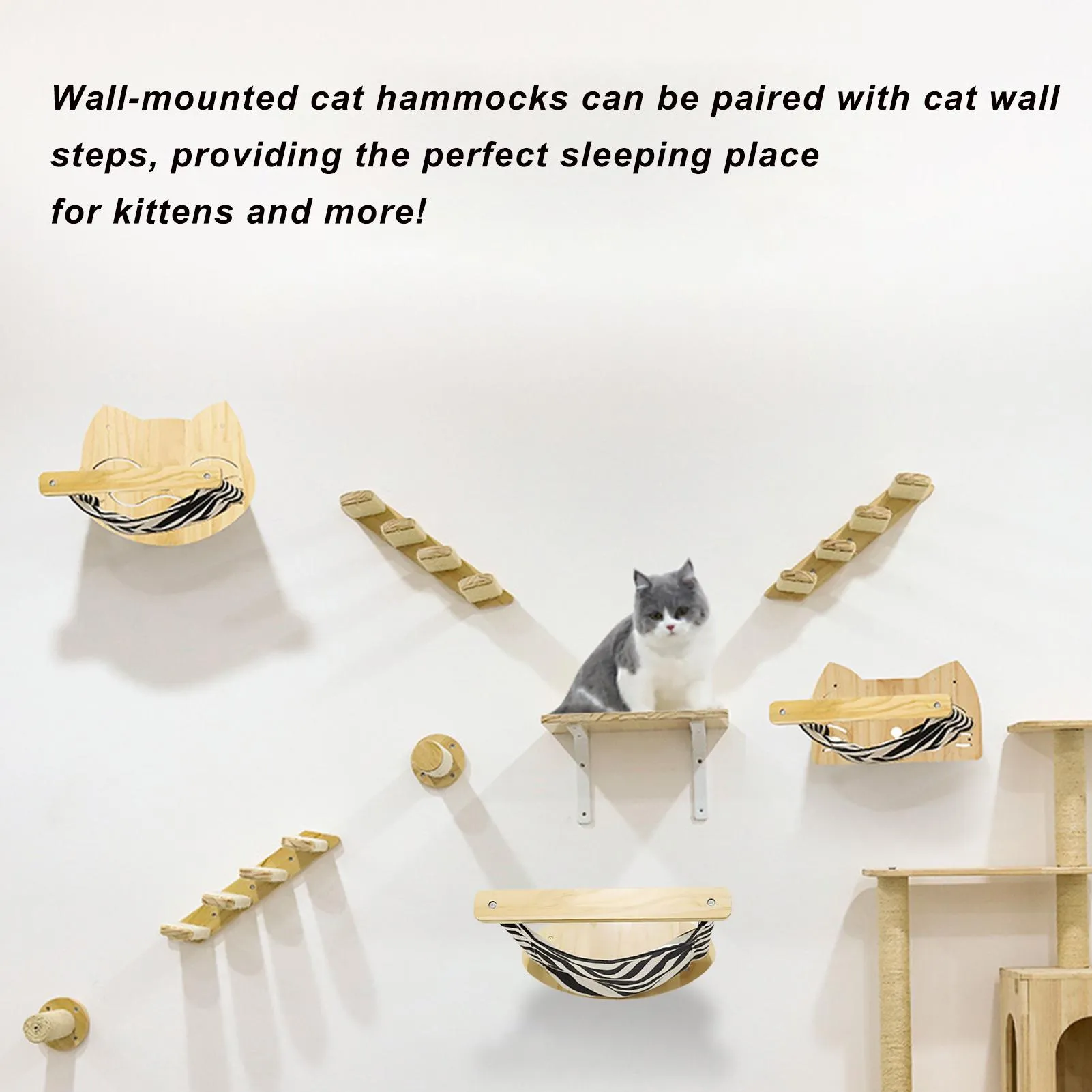 Tiragraffi Amaca per gatti fissata al muro Set di mensole da muro per gattini per animali domestici Set di posatoi robusti e durevoli in legno naturale per dormire giocando con la scala da arrampicata