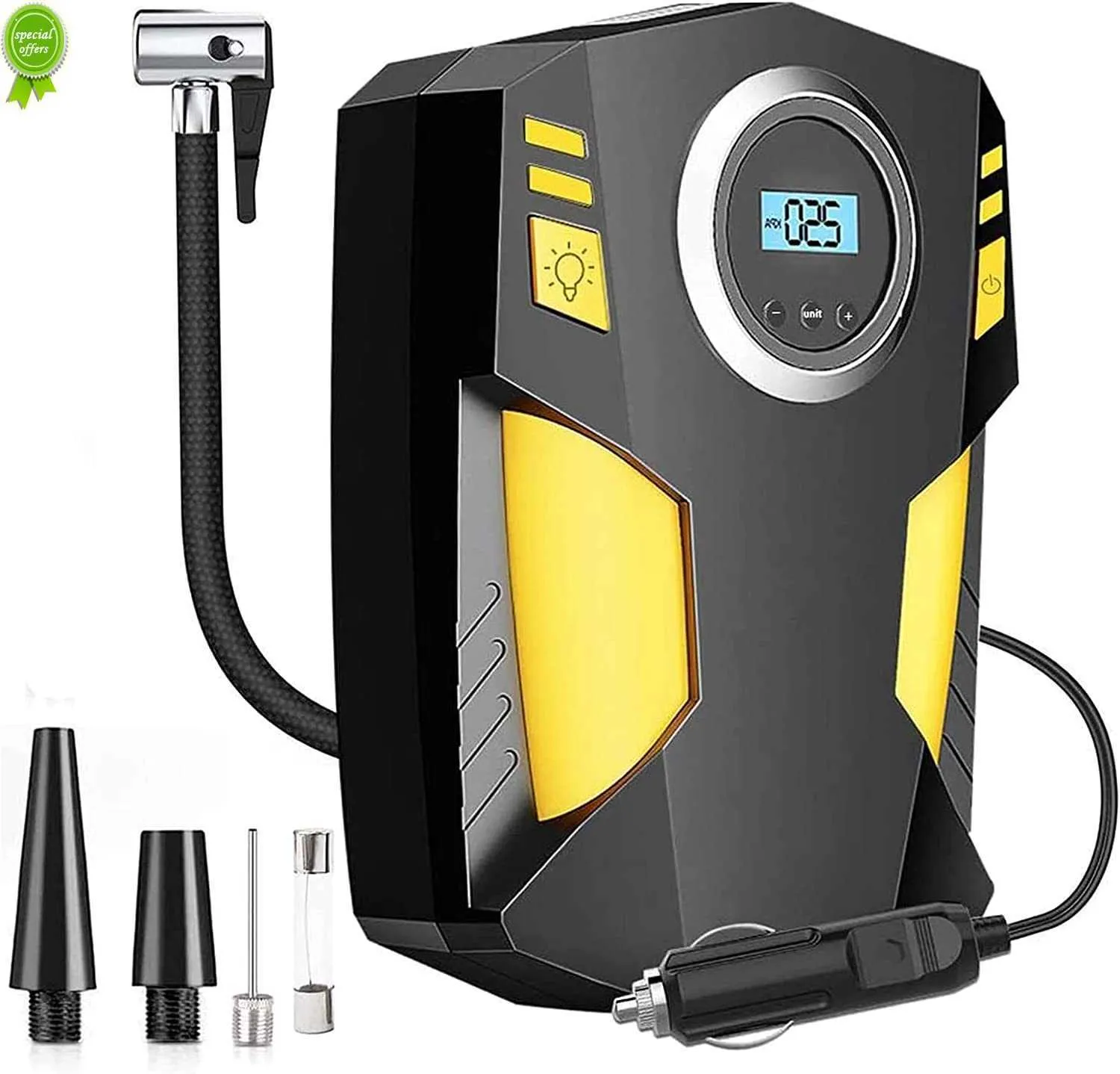 Digital Tyre Inflator Car Tire Pump DC 12V 100PSI Portable Air Compressor for Car SUV Basketballs Inflatables Bicycles Yellow