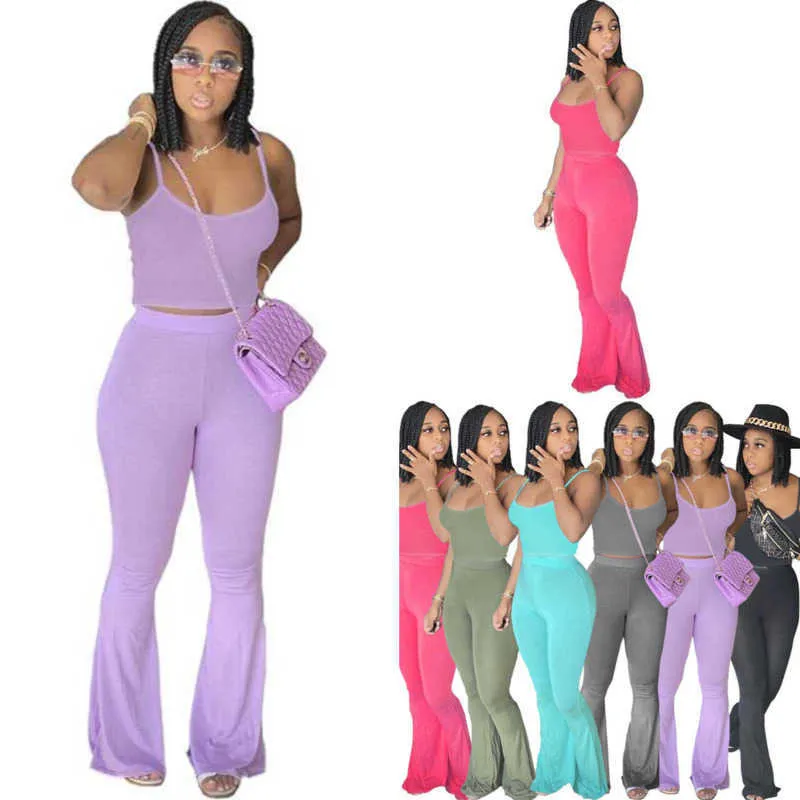 En gros Femmes Designer Survêtement D'été Casual Deux Pièces Pantalon Évasé Ensemble Femmes Vêtements Sexy Bonbons Couleur Jarretelles Crop Top Costume