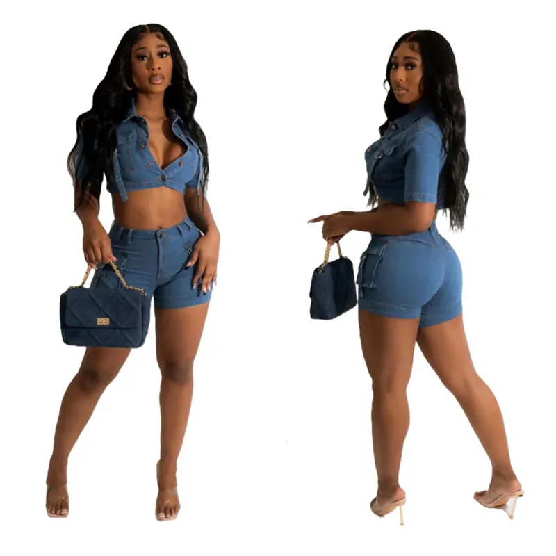 Women's Tracksuits Cargo Style Pockets Jeans Two Piece Set Women Summer Outfits Turn Down Collar Short Sleeve Buttons Crop Tops Denim Shorts Suits 230427