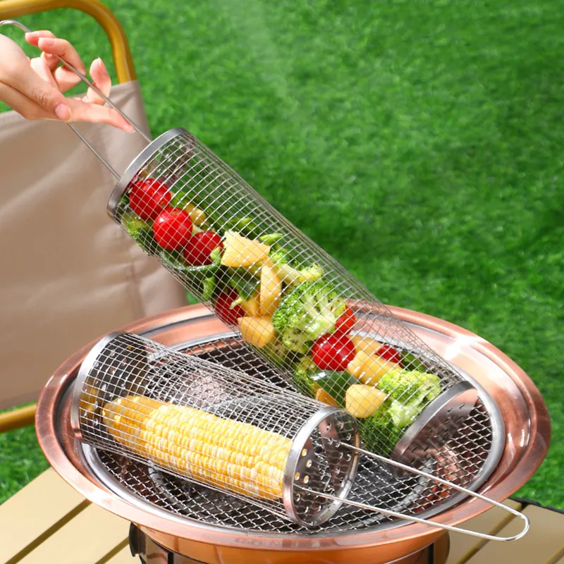 Rostfritt stål grill matlagning grill rist mesh rotation cylinder bur camping picknick köksredskap utomhus runda bbq net rör lägereld grill rullande korg w0138